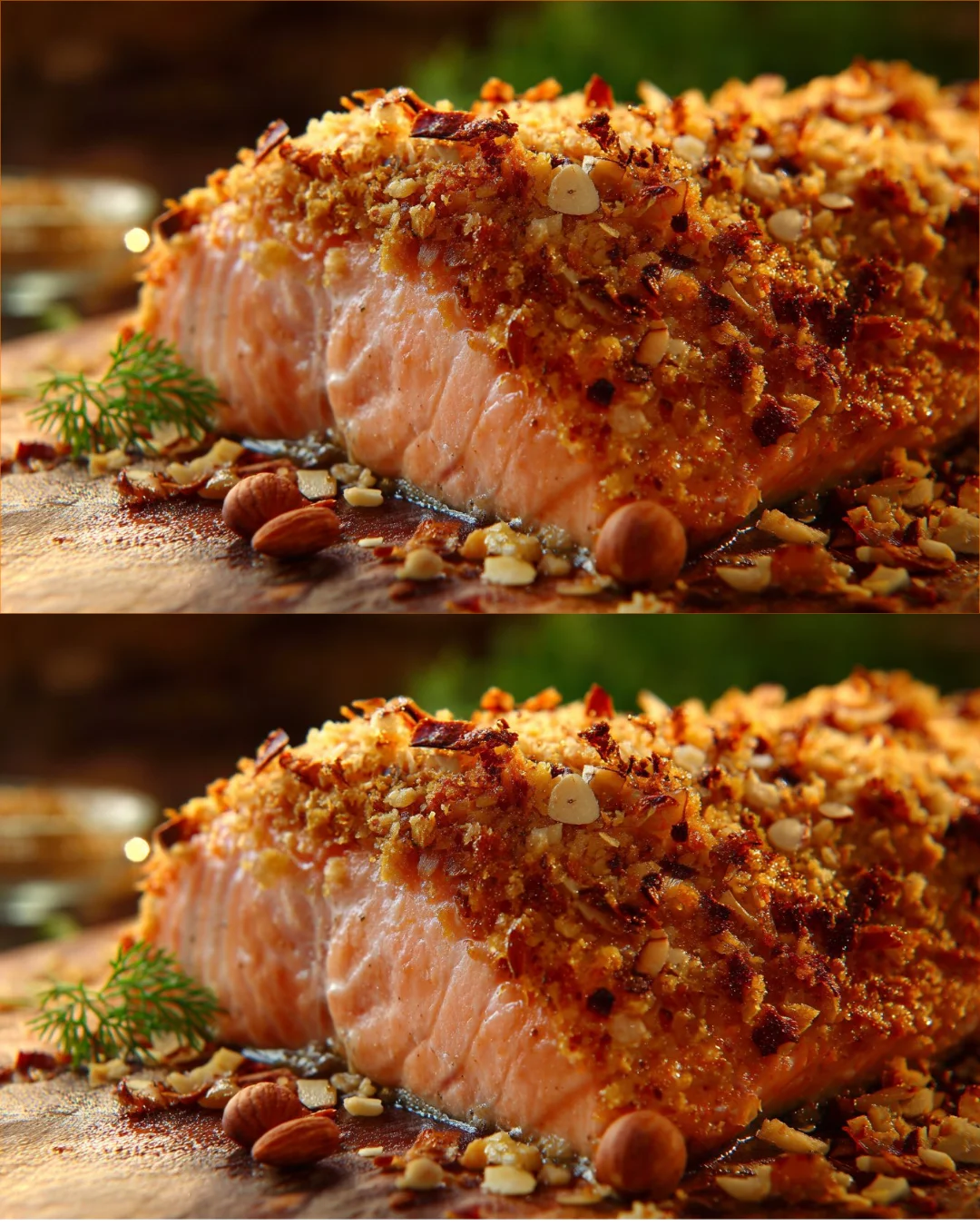 Almond-crusted salmon fillet served on a plate with fresh herbs and lemon