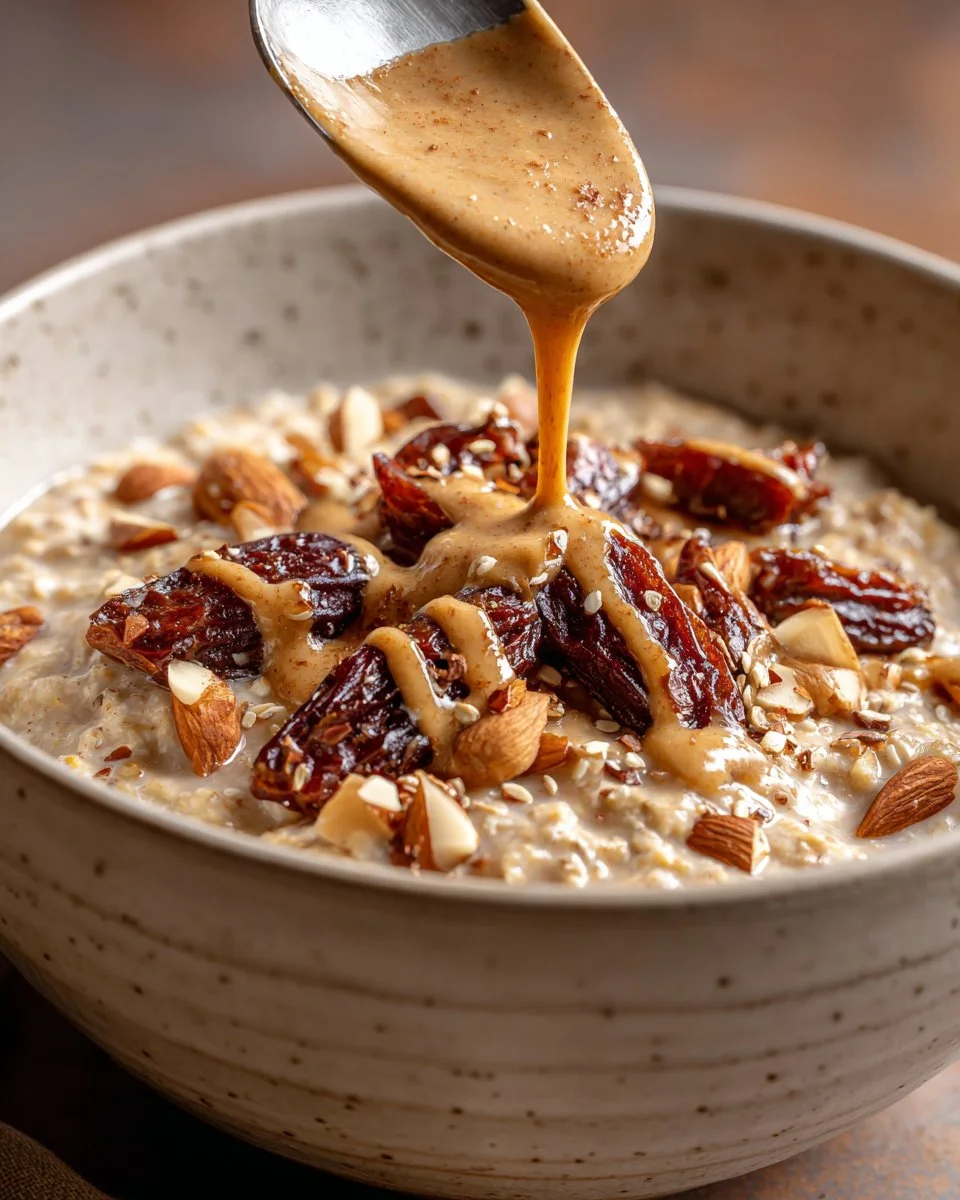 Healthy Almond Date Energy Oat Bowl topped with fresh ingredients