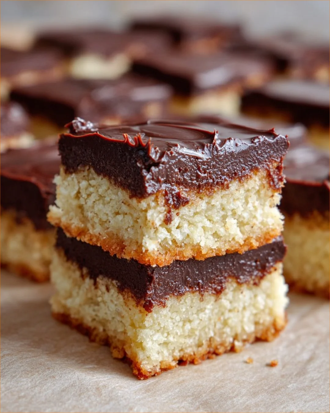 Almond Flour Bars drizzled with Chocolate Truffle Topping on a white plate.