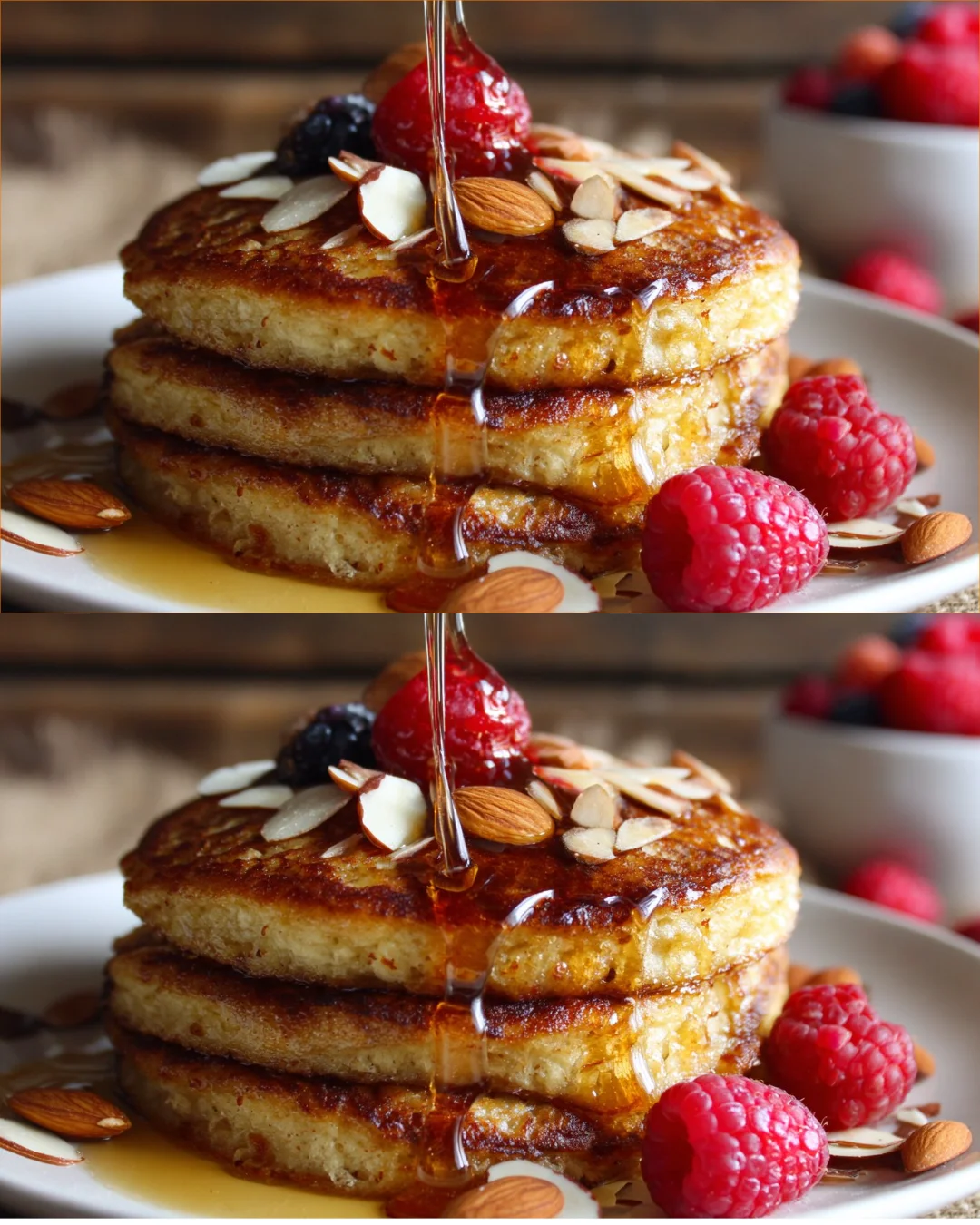 Stack of fluffy almond flour pancakes topped with fresh berries and syrup.