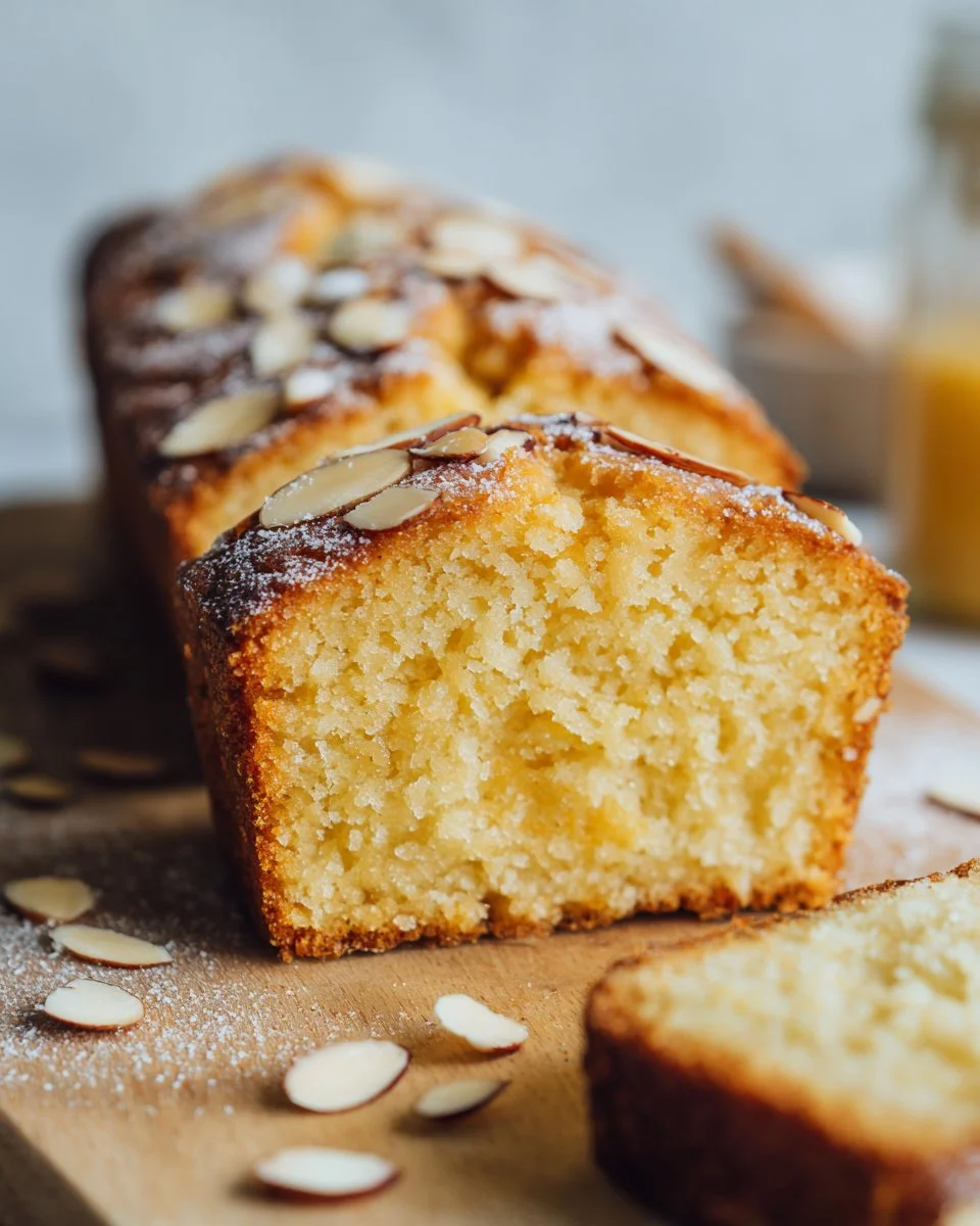 Delicious Almond Lemon Loaf with a golden crust and fresh lemon glaze