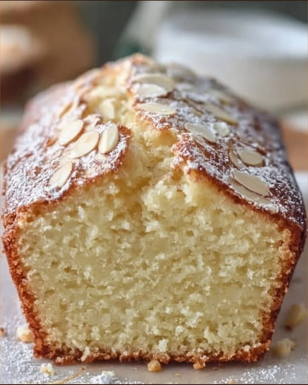Sliced Almond Pound Cake on a plate with almonds and a fork