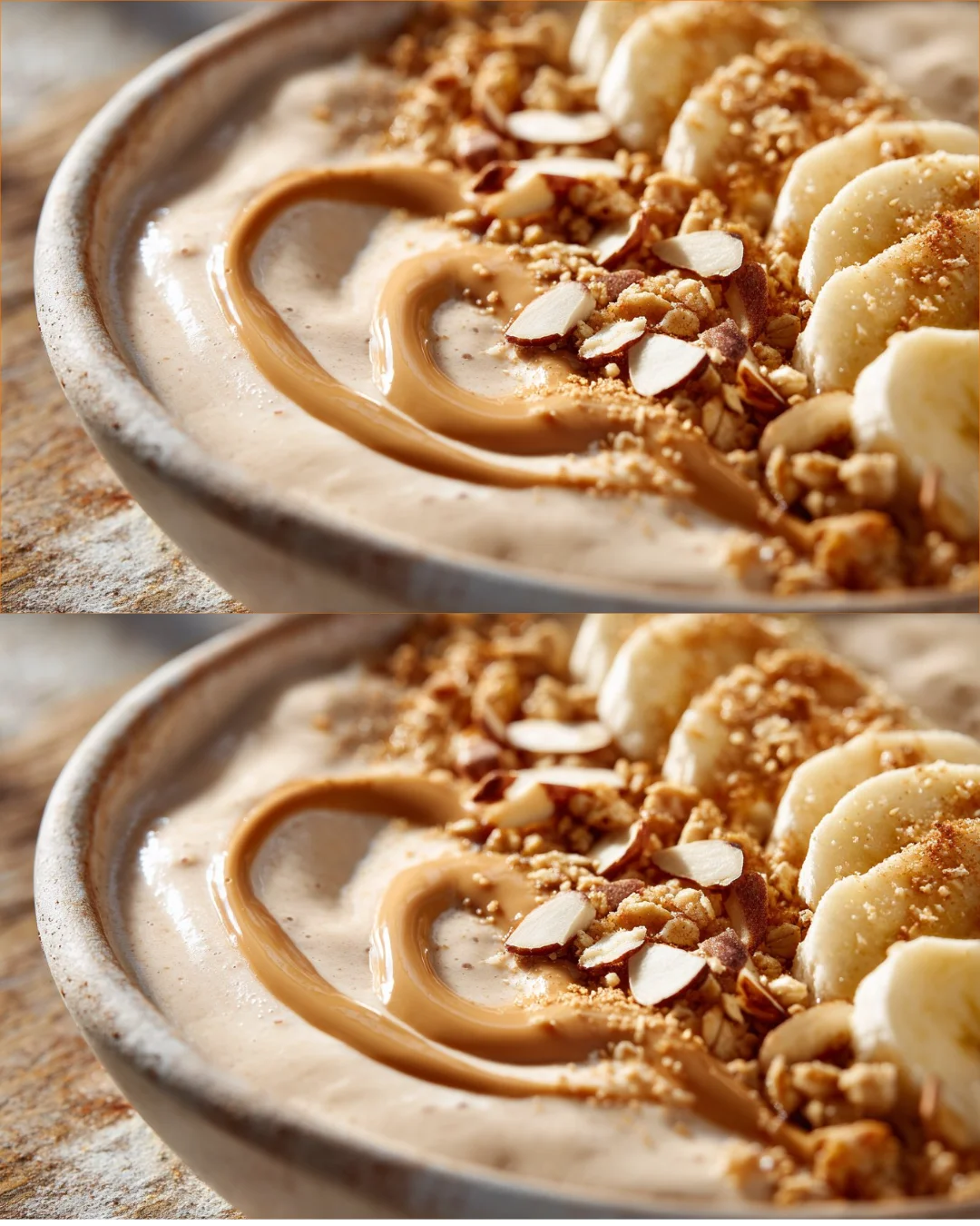 Delicious almond smoothie bowl topped with nuts and fresh fruits