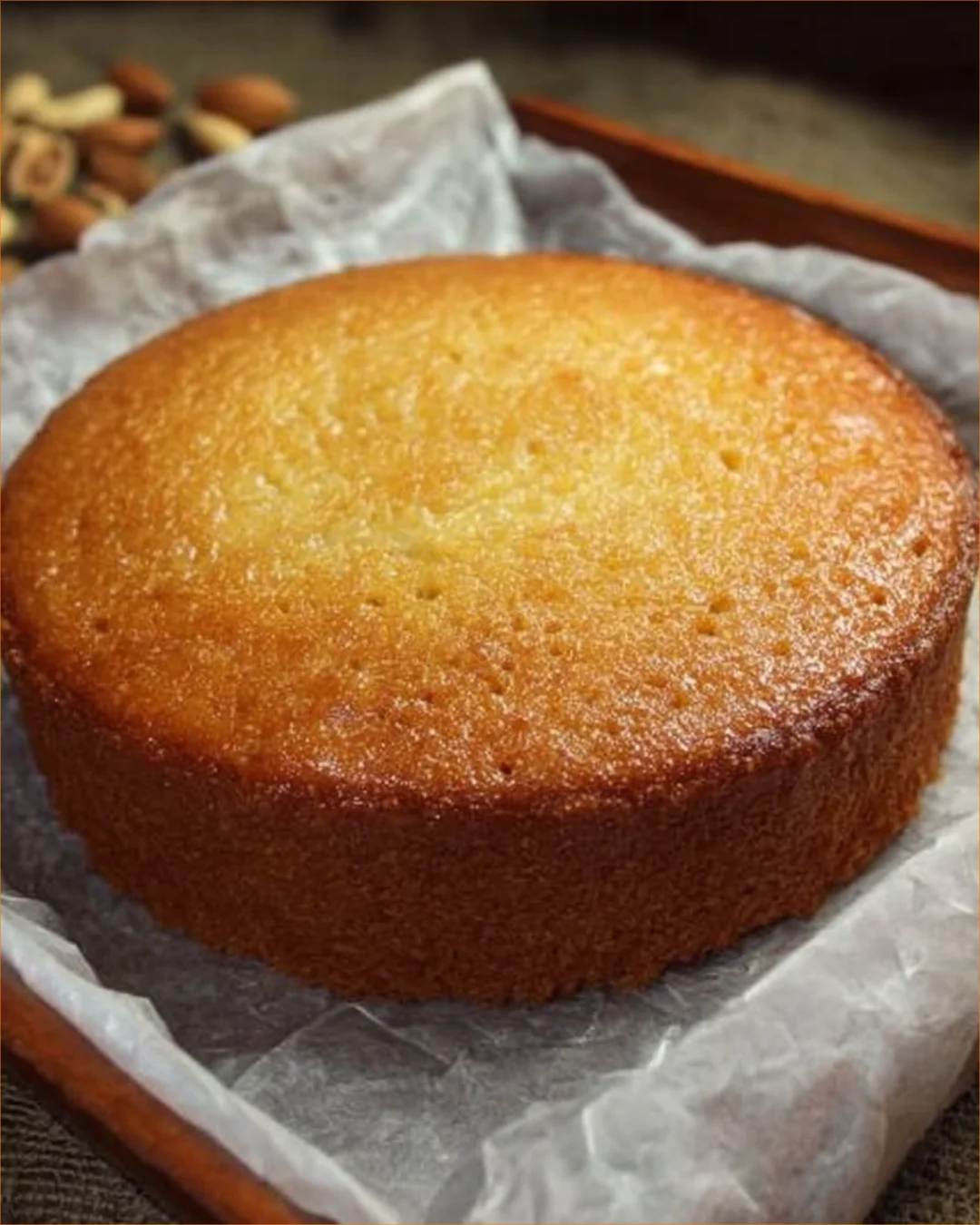 Delicious almond sponge cake topped with fresh almonds and whipped cream