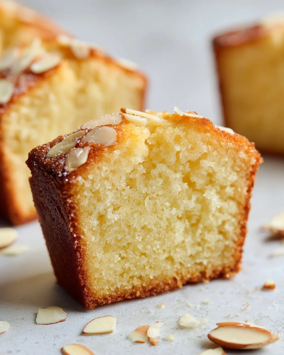Almond Vanilla Pound Cake topped with almonds on a rustic table