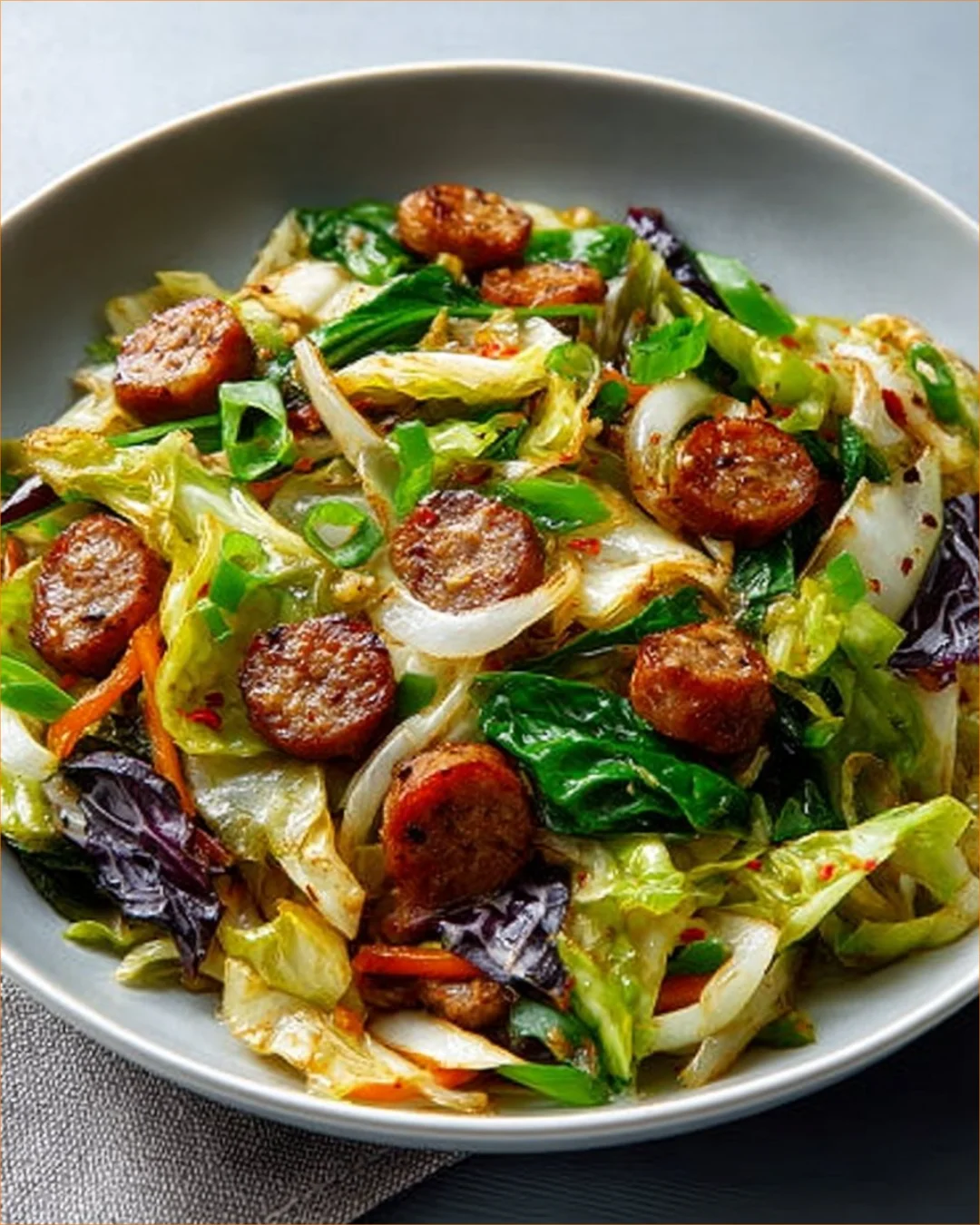 Delicious sausage and cabbage stir fry, a quick and healthy meal.