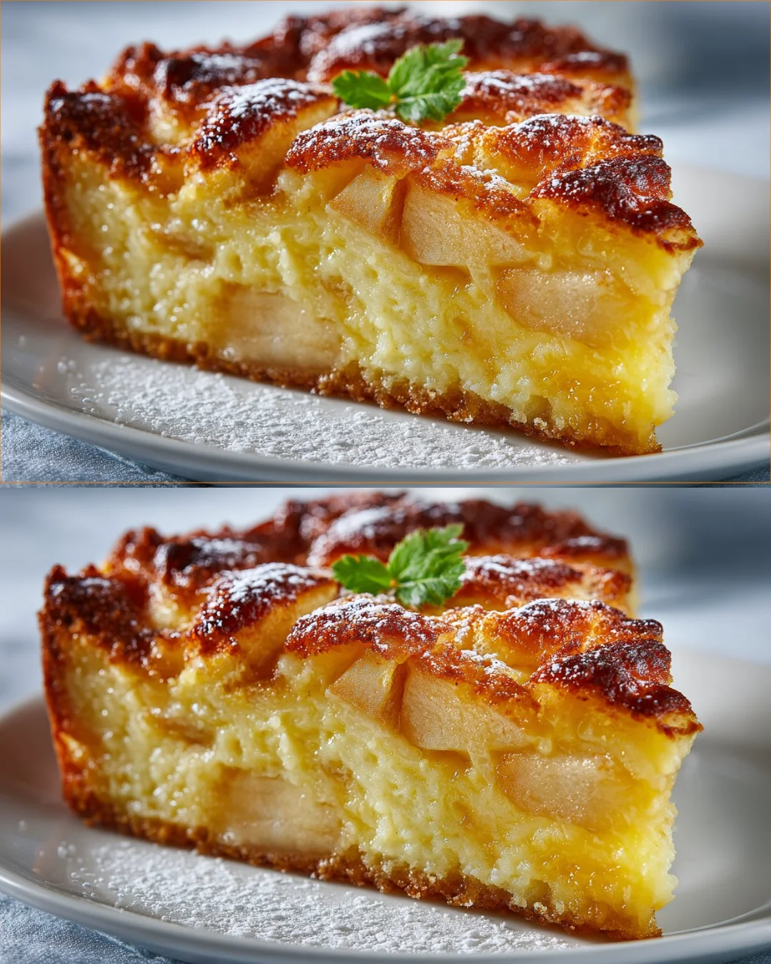 Slice of apple custard cake with fresh apples and custard topping