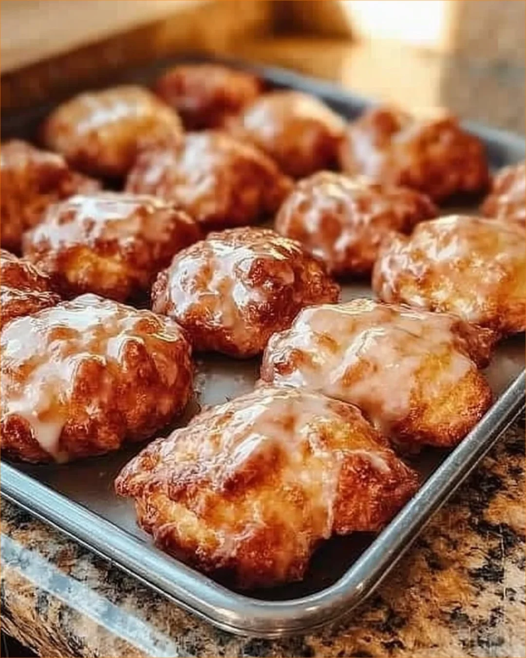 Delicious homemade apple fritters topped with glaze and cinnamon, perfect for dessert.