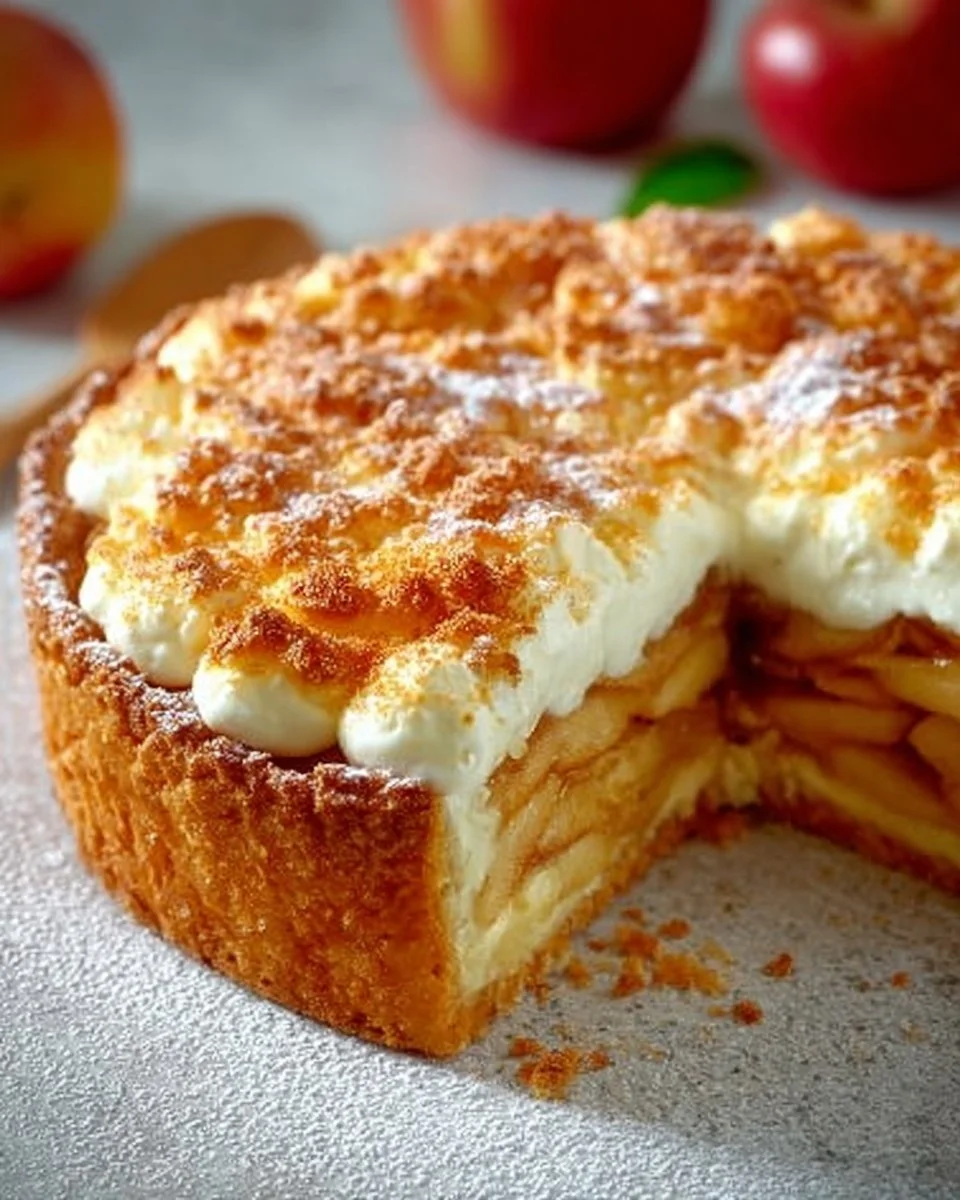 Apple tart topped with creamy soufflé and garnished with fresh apples