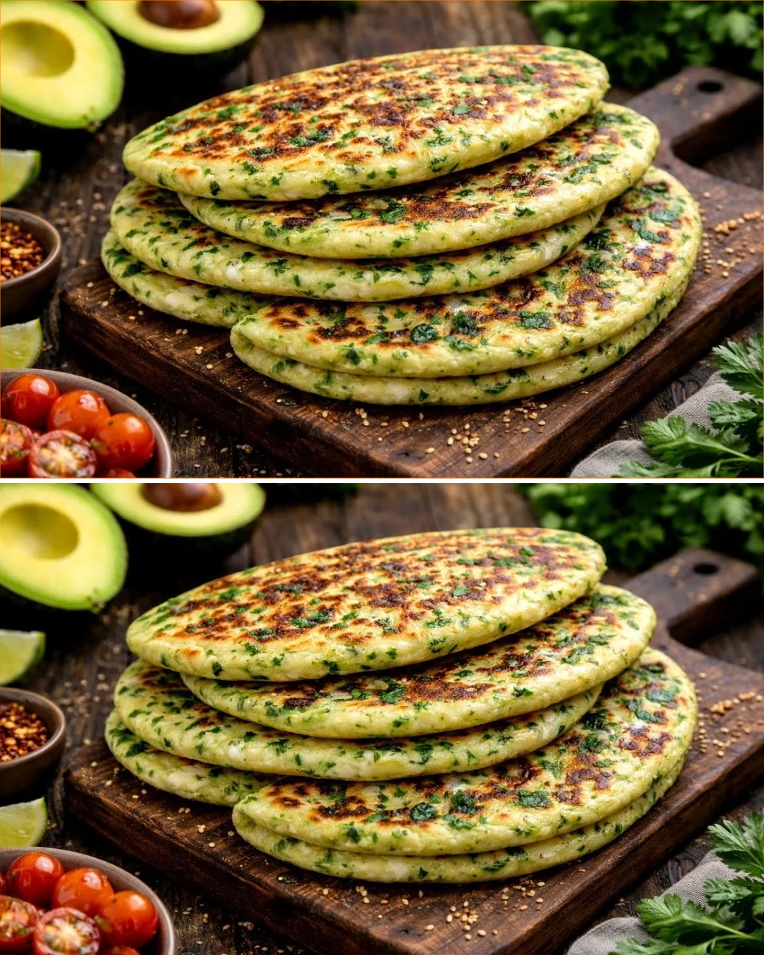 Avocado Egg Flatbreads topped with fresh herbs and spices