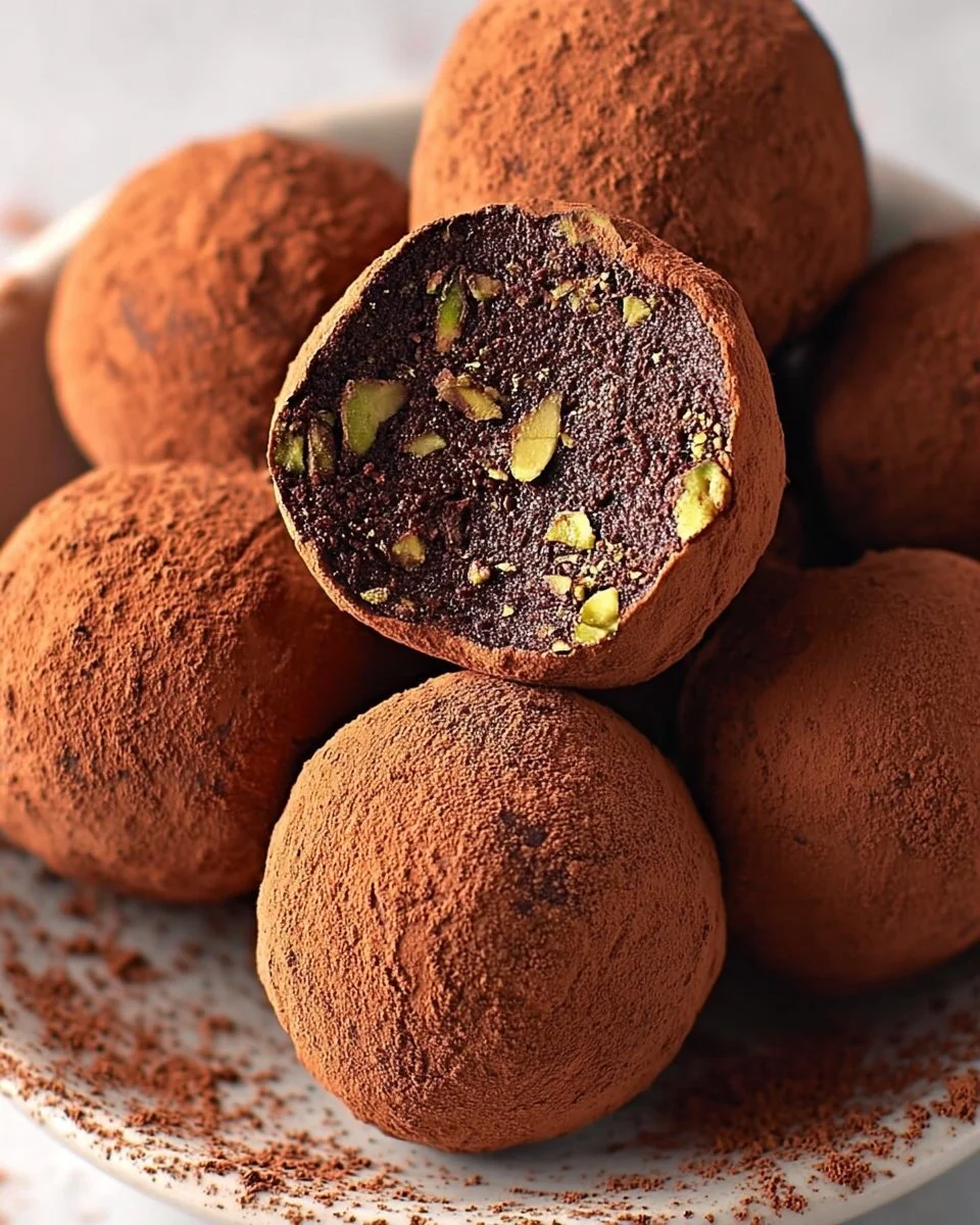 Decadent avocado chocolate truffles on a white plate.