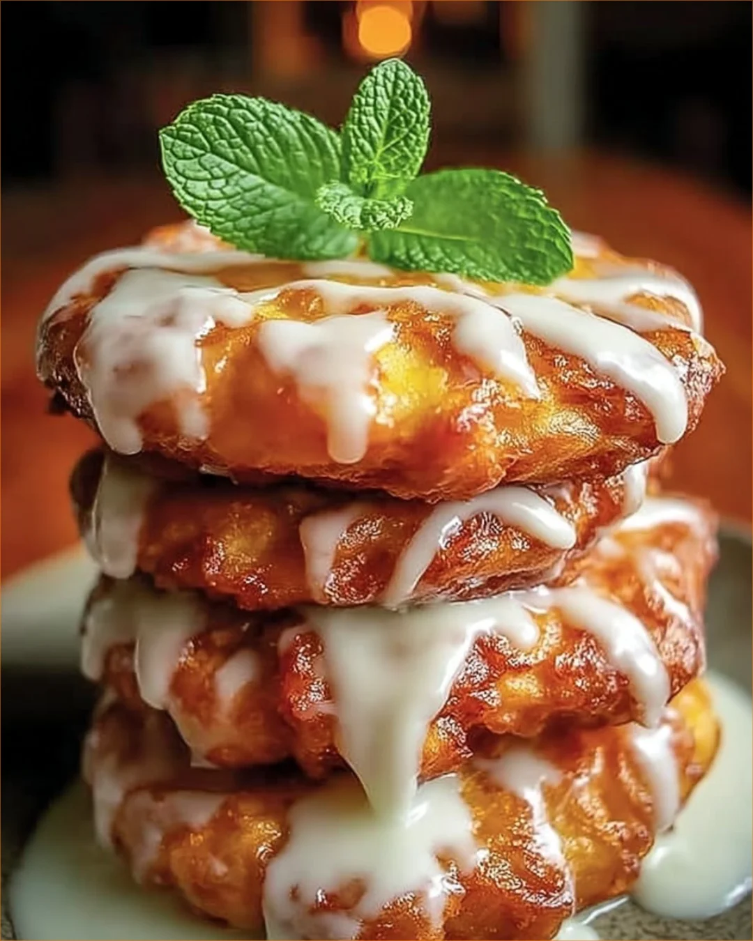 Delicious baked apple fritters displayed on a plate with cinnamon and icing.