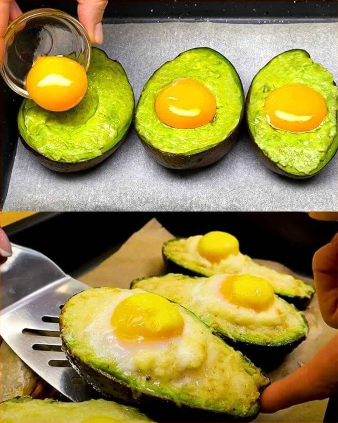 Baked avocado eggs served in a colorful breakfast bowl with a sprinkle of herbs.