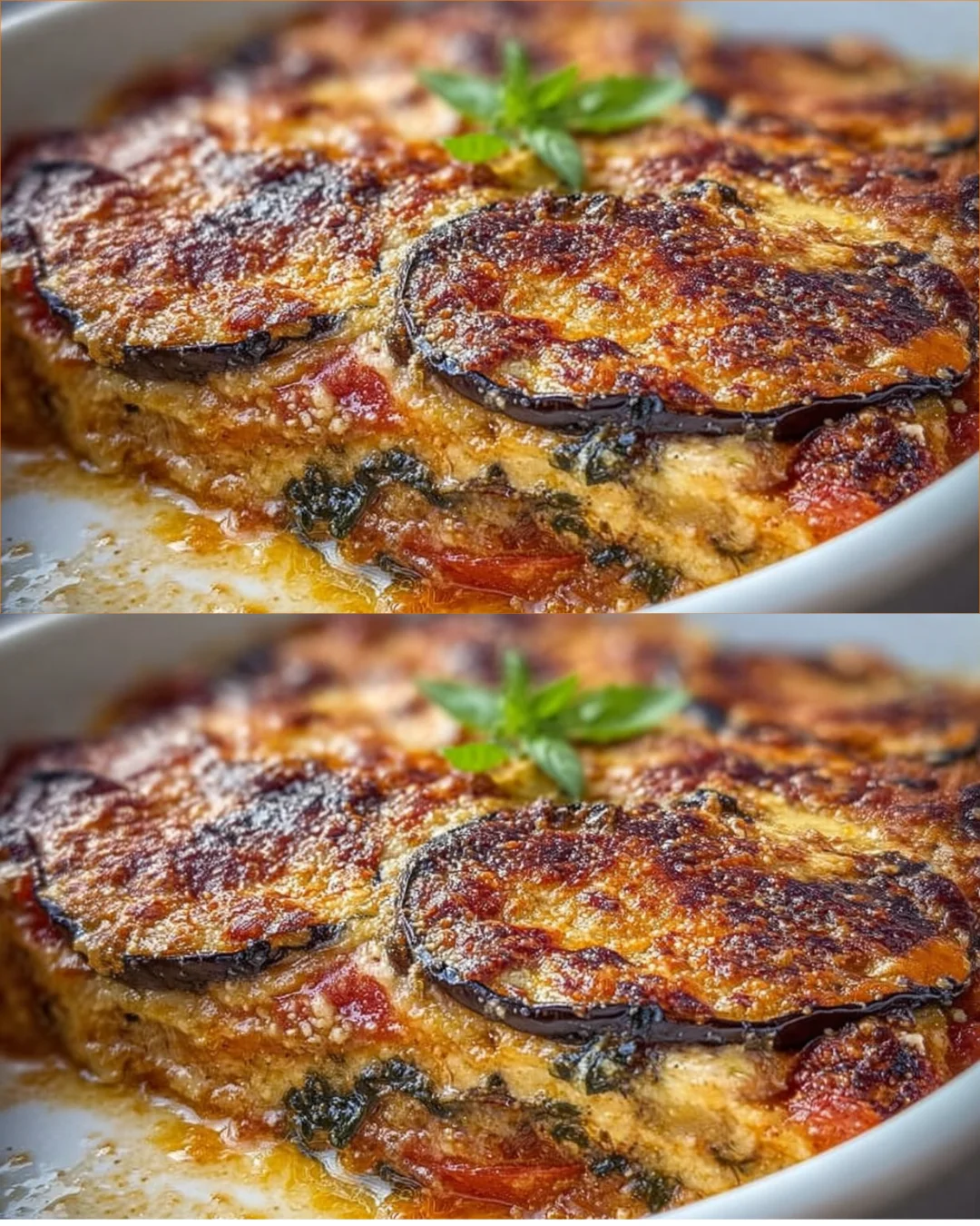 Baked eggplant and spinach lasagna in a serving dish, garnished with fresh herbs.