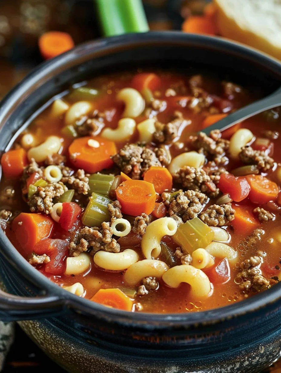Bowl of delicious Beef Macaroni Soup with herbs and spices