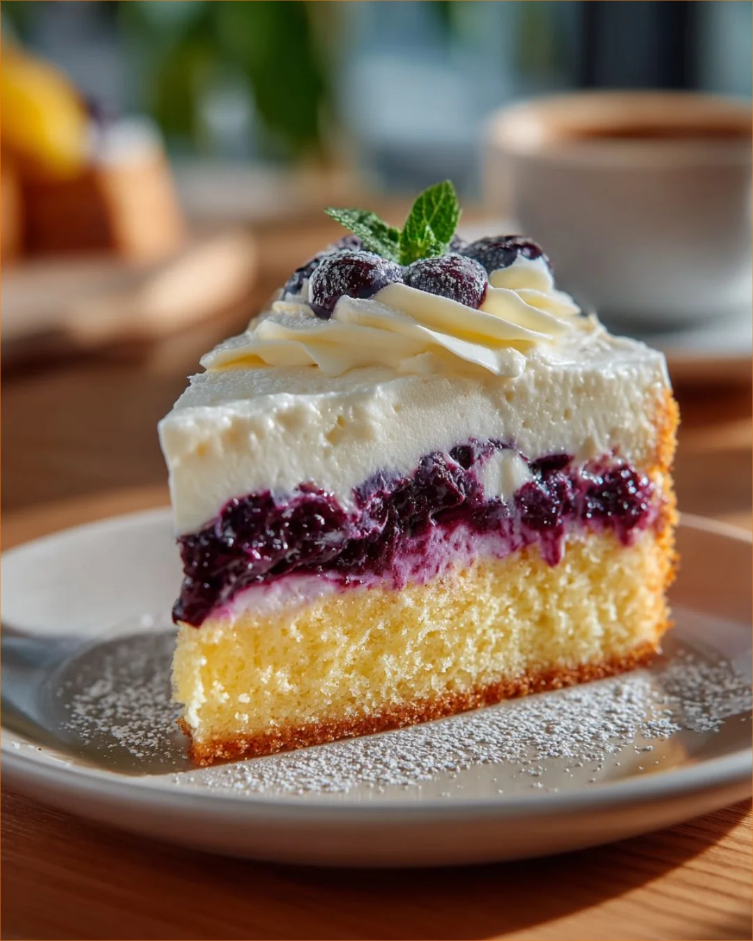 Delicious blueberry cake topped with white chocolate frosting