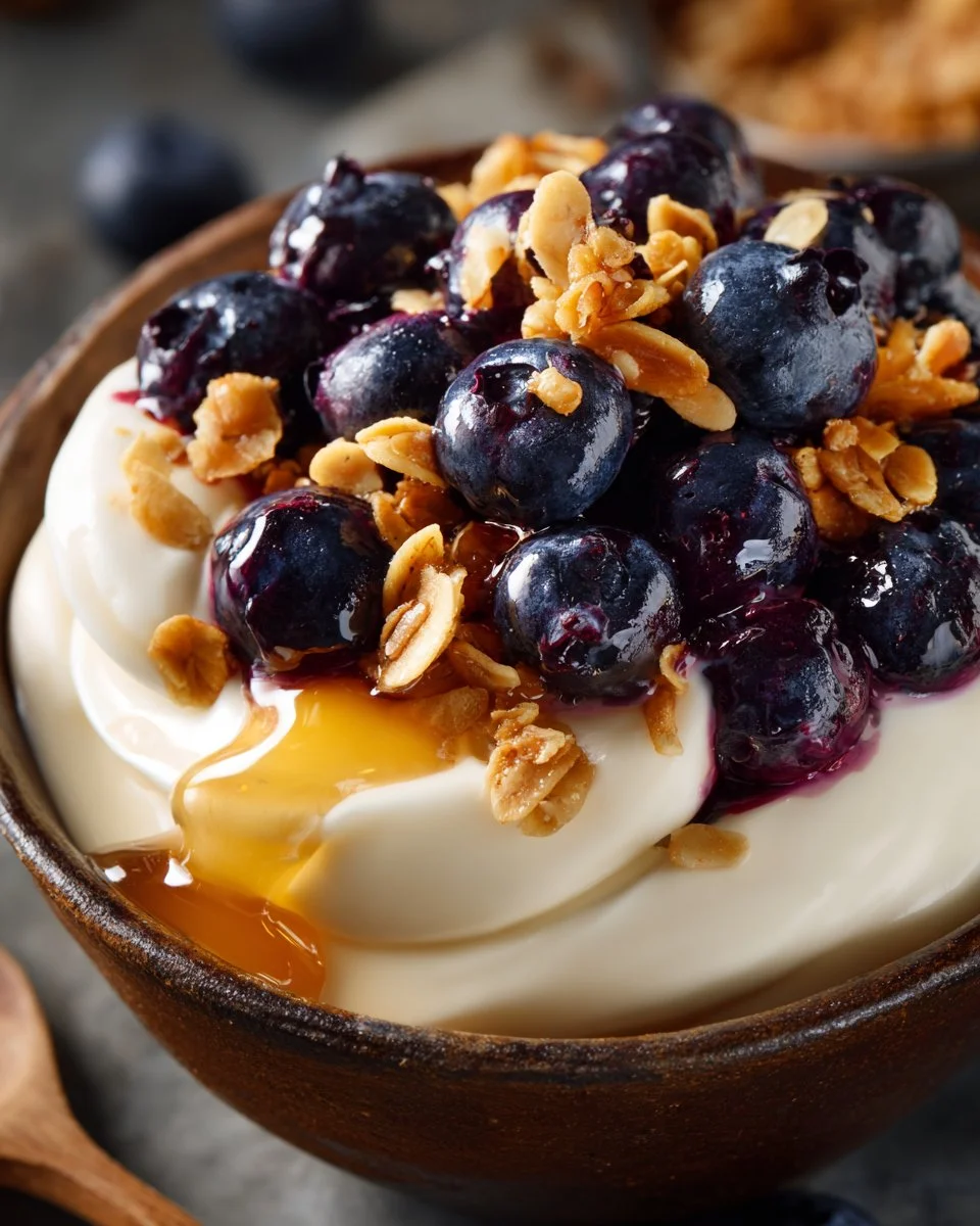 Blueberry vanilla yogurt bowl topped with fresh blueberries and granola