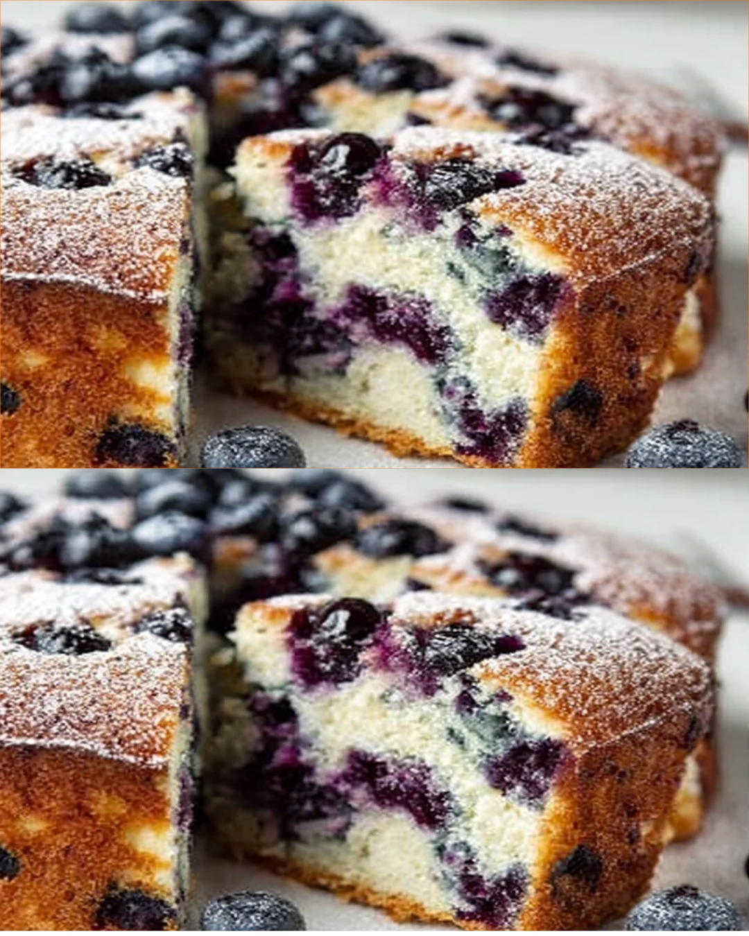 A slice of blueberry yogurt cake on a plate with fresh berries and mint