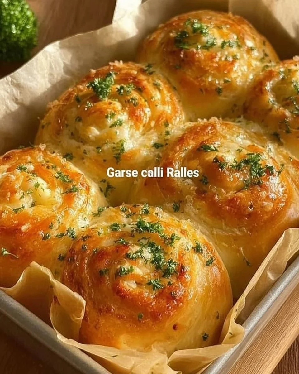 Freshly baked buttery cheese garlic rolls on a wooden table