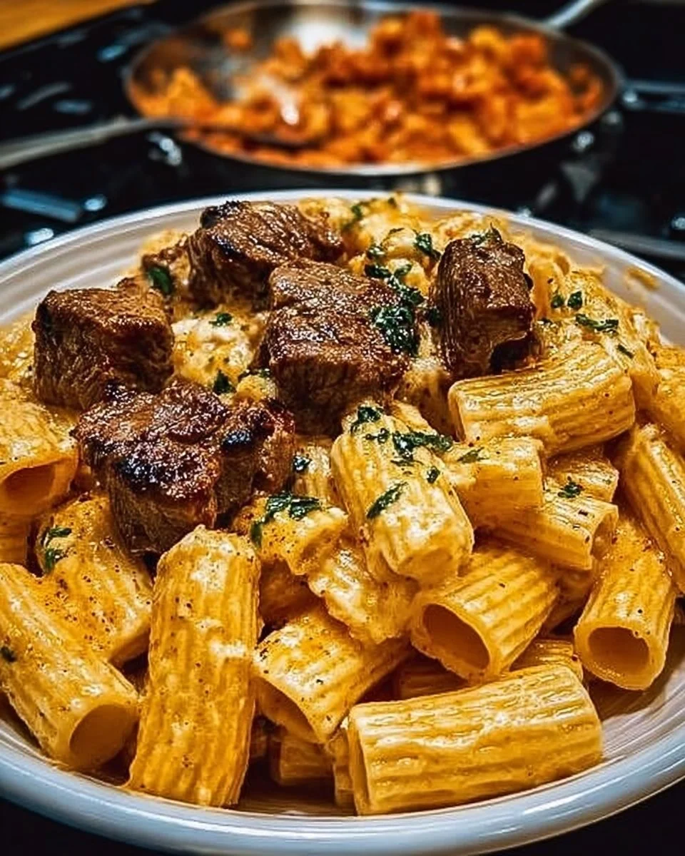 Cajun steak tips served with cheesy rigatoni for a flavorful meal