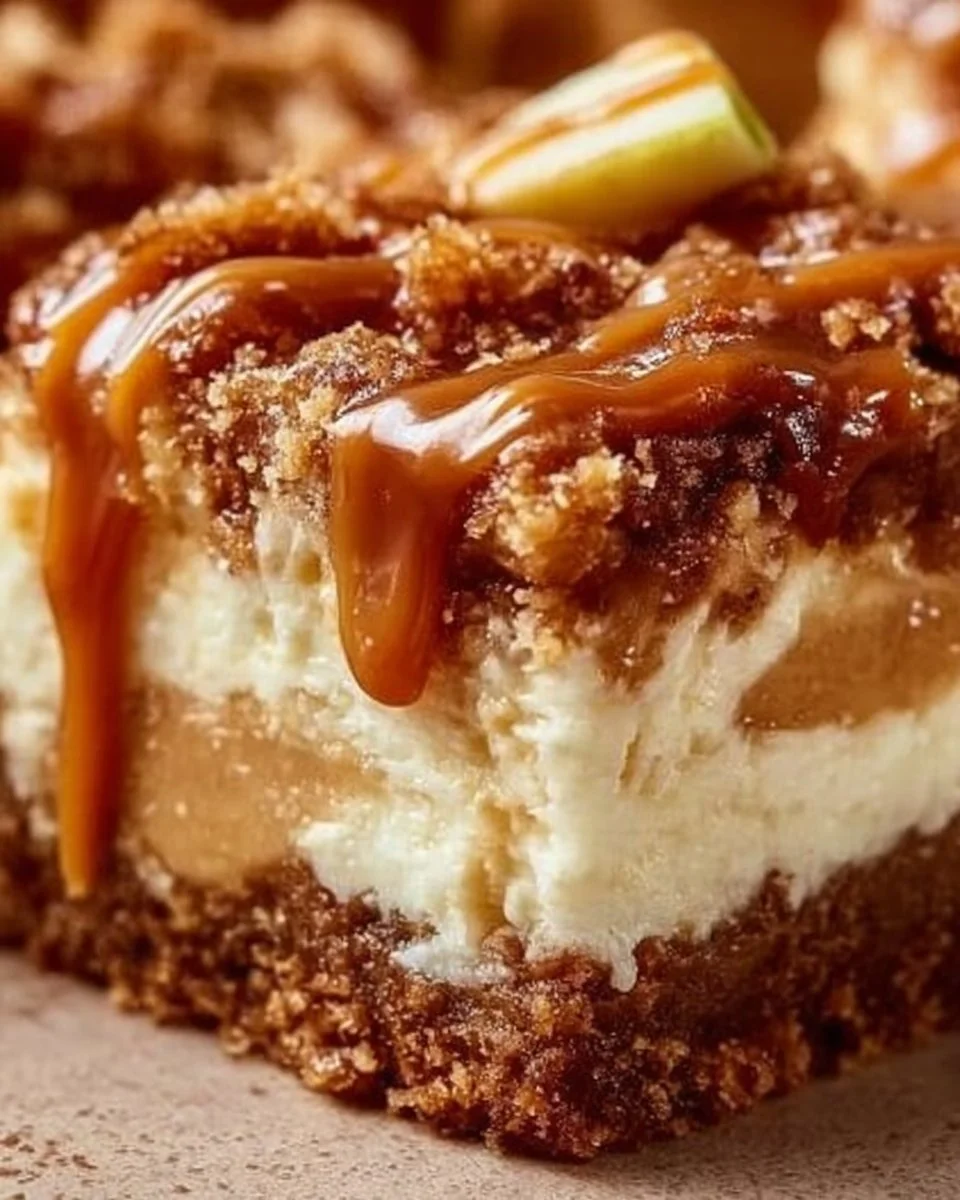 Delicious Caramel Apple Cheesecake Bars with a rich caramel topping and apple slices