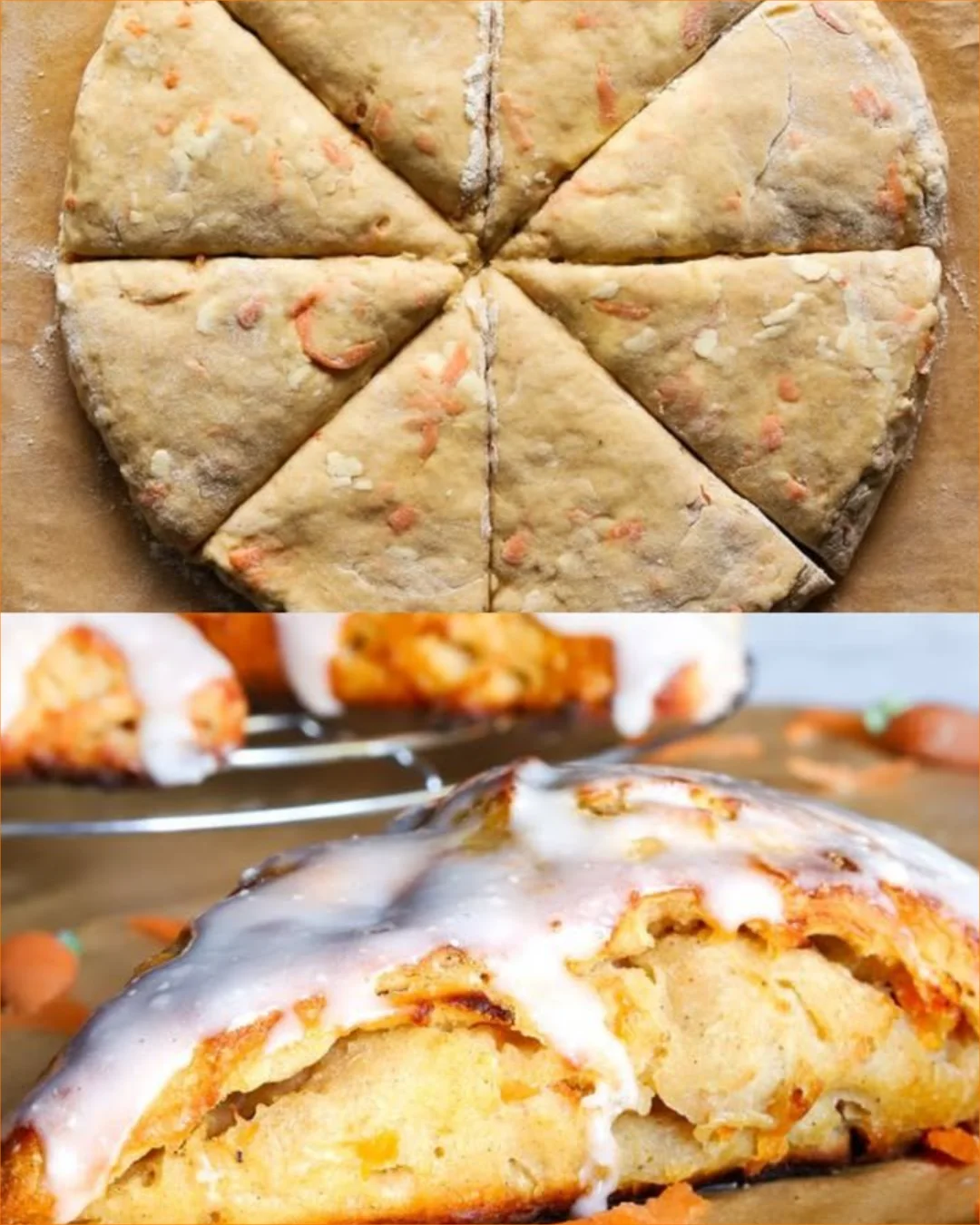 Healthy carrot cake protein scones with Greek yogurt on a wooden table.