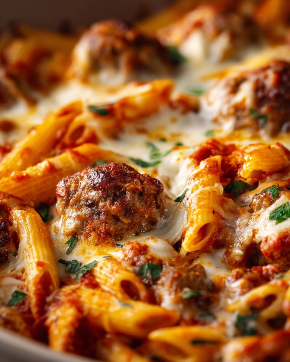 Cheesy baked meatball pasta dish topped with melted cheese and herbs.