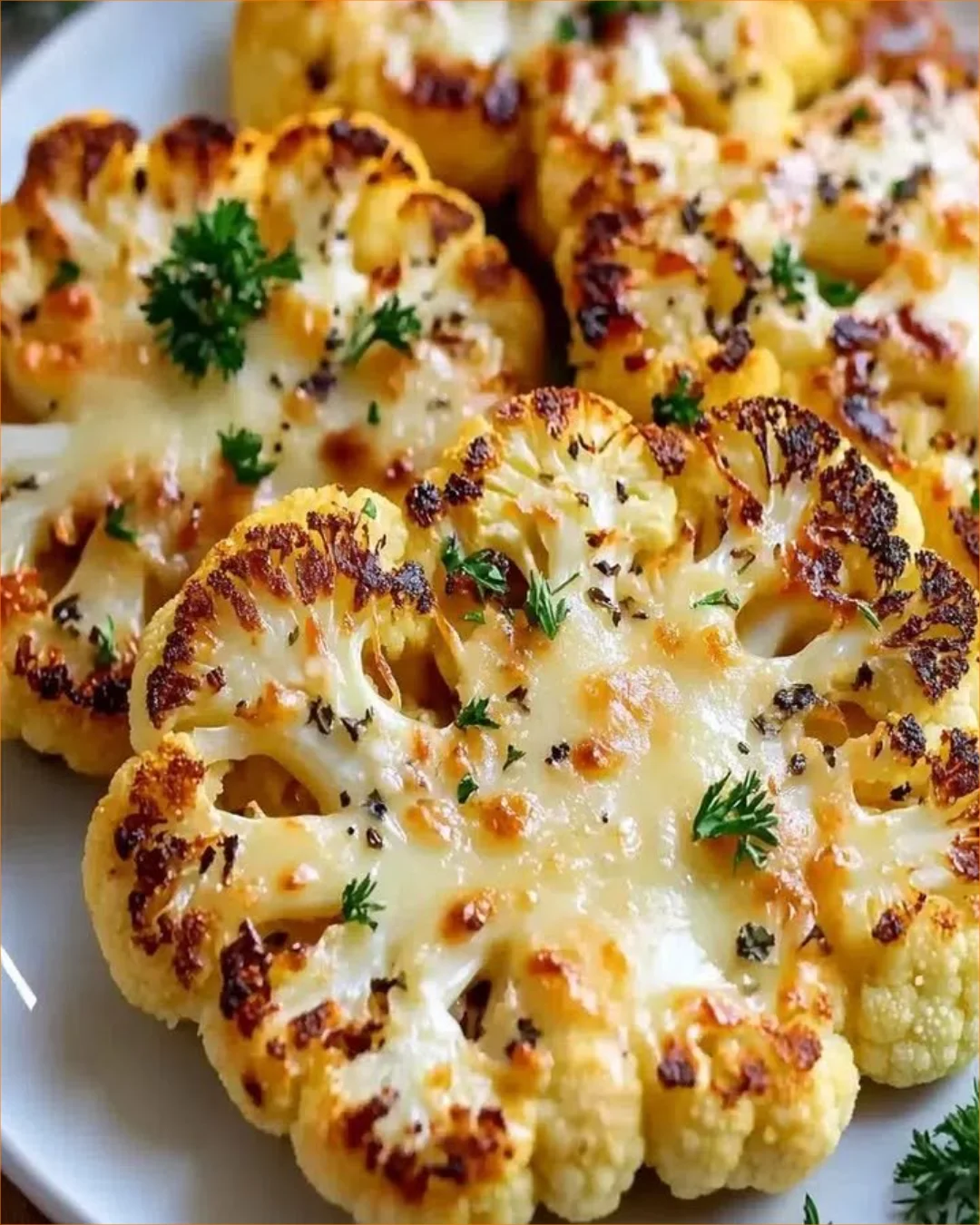 Delicious cheesy cauliflower steaks topped with melted cheese and herbs.