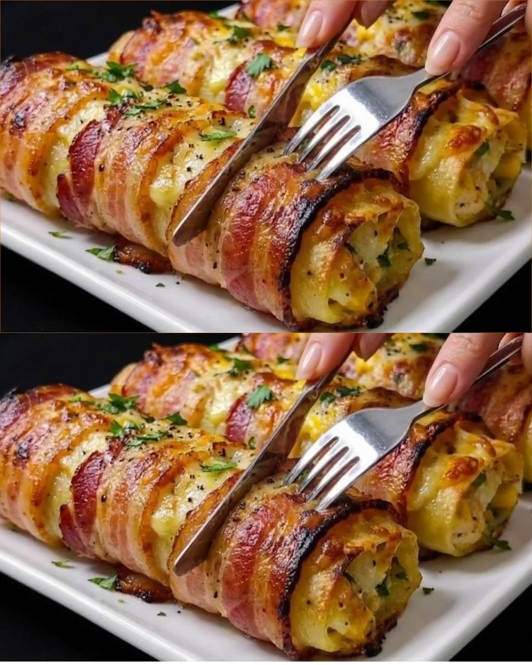 Cheesy chicken and potato stuffed rolls served on a plate.