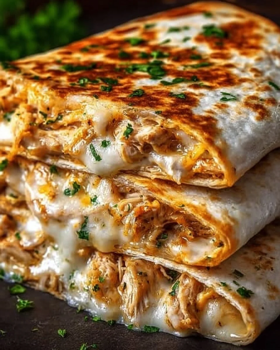 Cheesy garlic chicken wraps served on a plate with fresh ingredients.