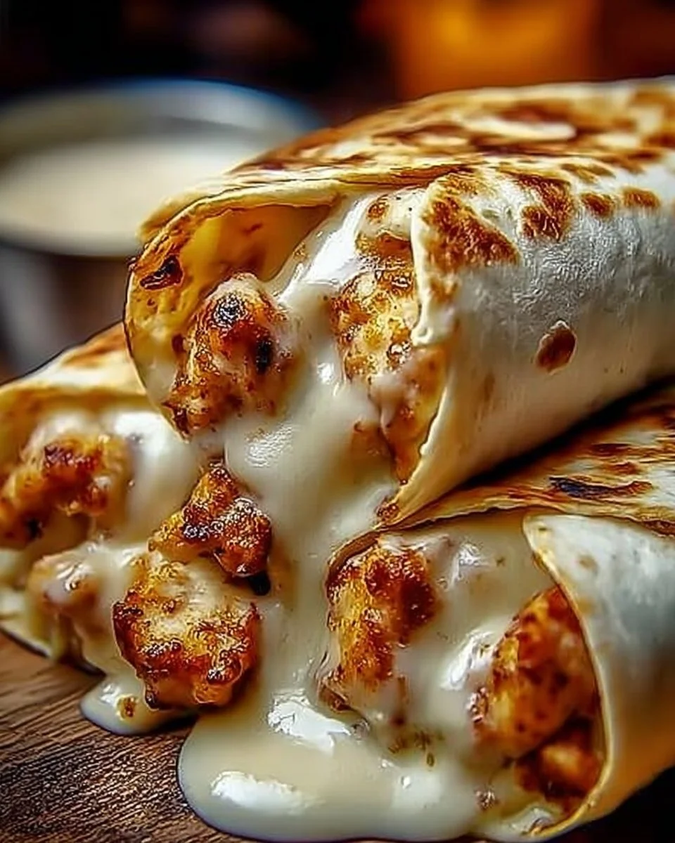 Cheesy garlic chicken wraps filled with flavorful ingredients and melted cheese.