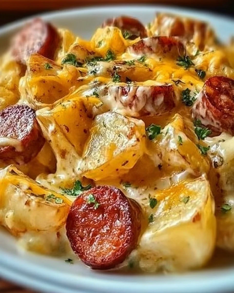 Delicious cheesy ranch potatoes with smoked sausage served in a bowl.
