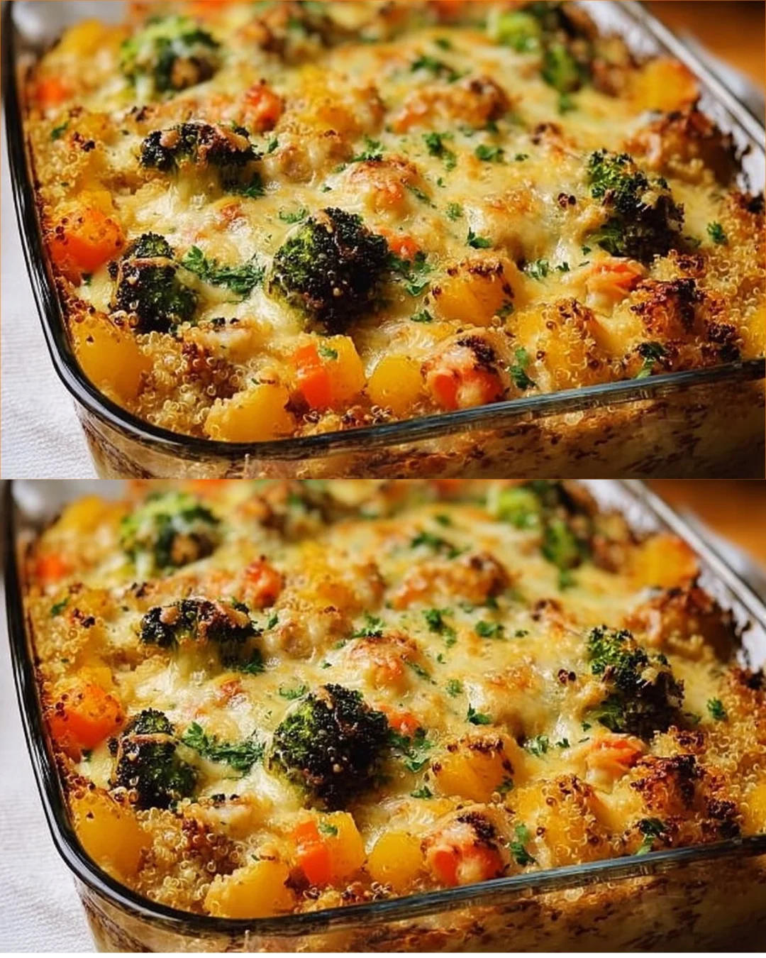 Cheesy veggie quinoa casserole topped with melted cheese and fresh vegetables