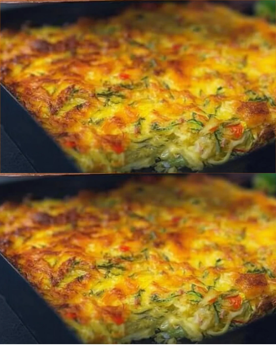 Cheesy Zucchini and Garden Vegetable Bake topped with melted cheese