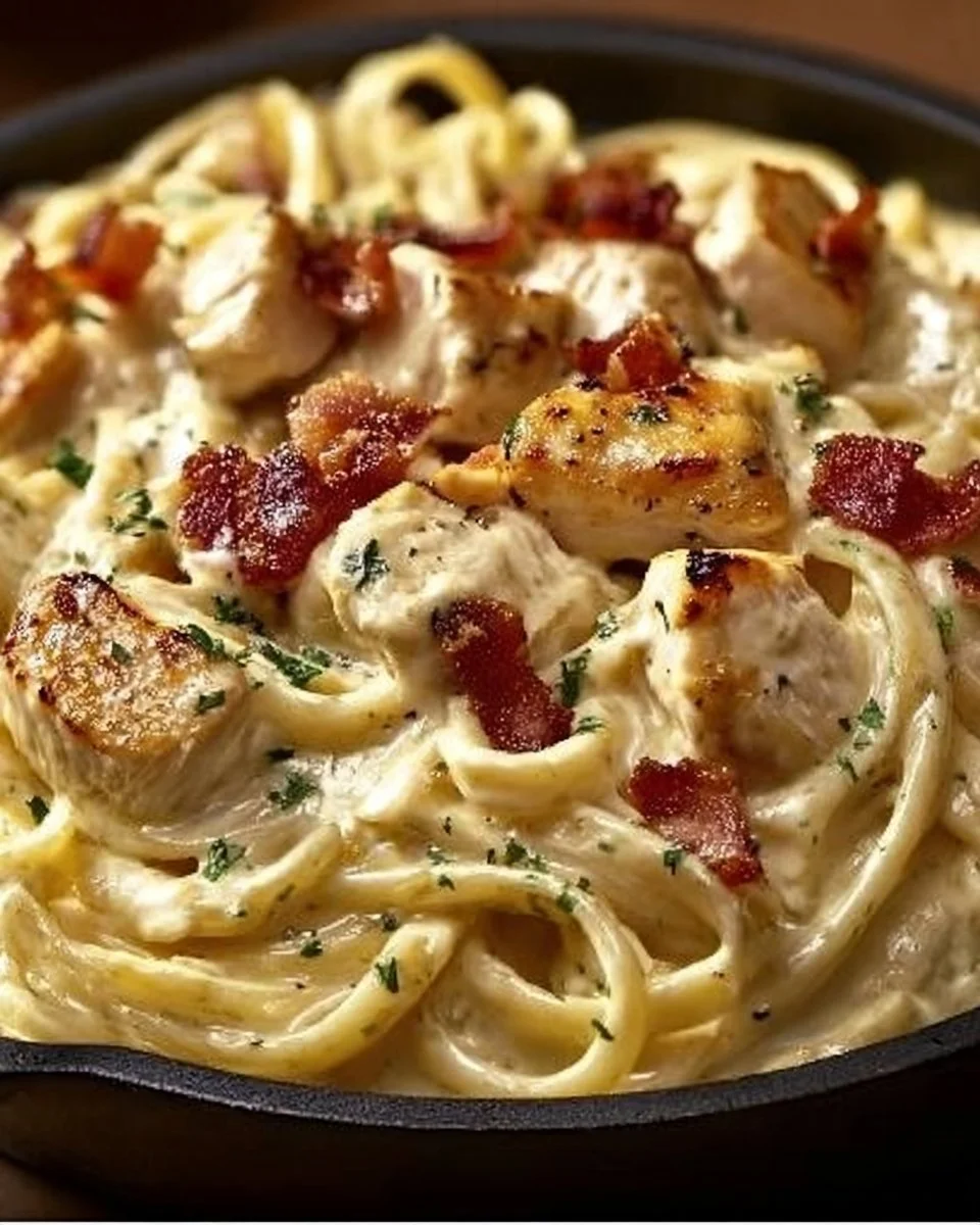 Creamy Chicken Bacon Ranch Pasta with fresh herbs and cheese