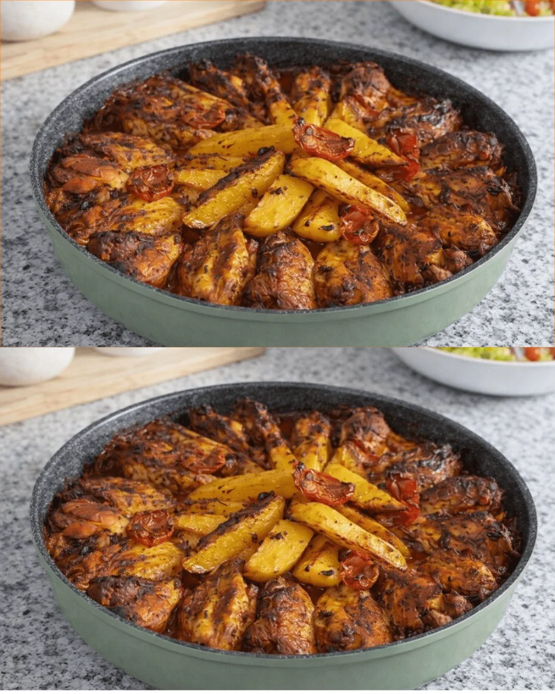 Delicious chicken wings served with oven-baked potatoes for a hearty meal.