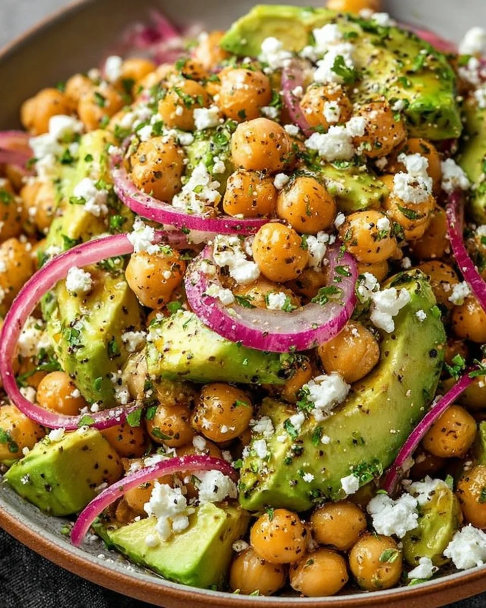 Chickpea Feta Avocado Salad with fresh vegetables and a zesty dressing.