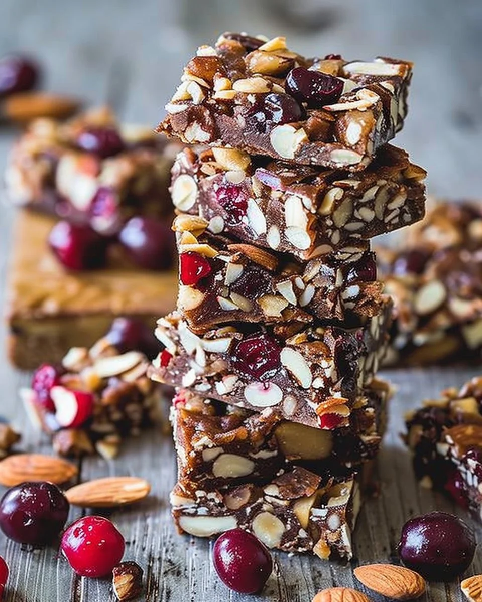 Delicious Chocolate Cherry Almond Snack Bars stacked together on a wooden surface.