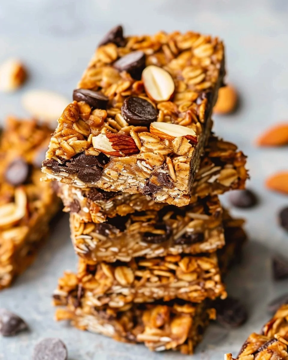 Homemade Chocolate Chip Almond Granola Bars stacked on a wooden table