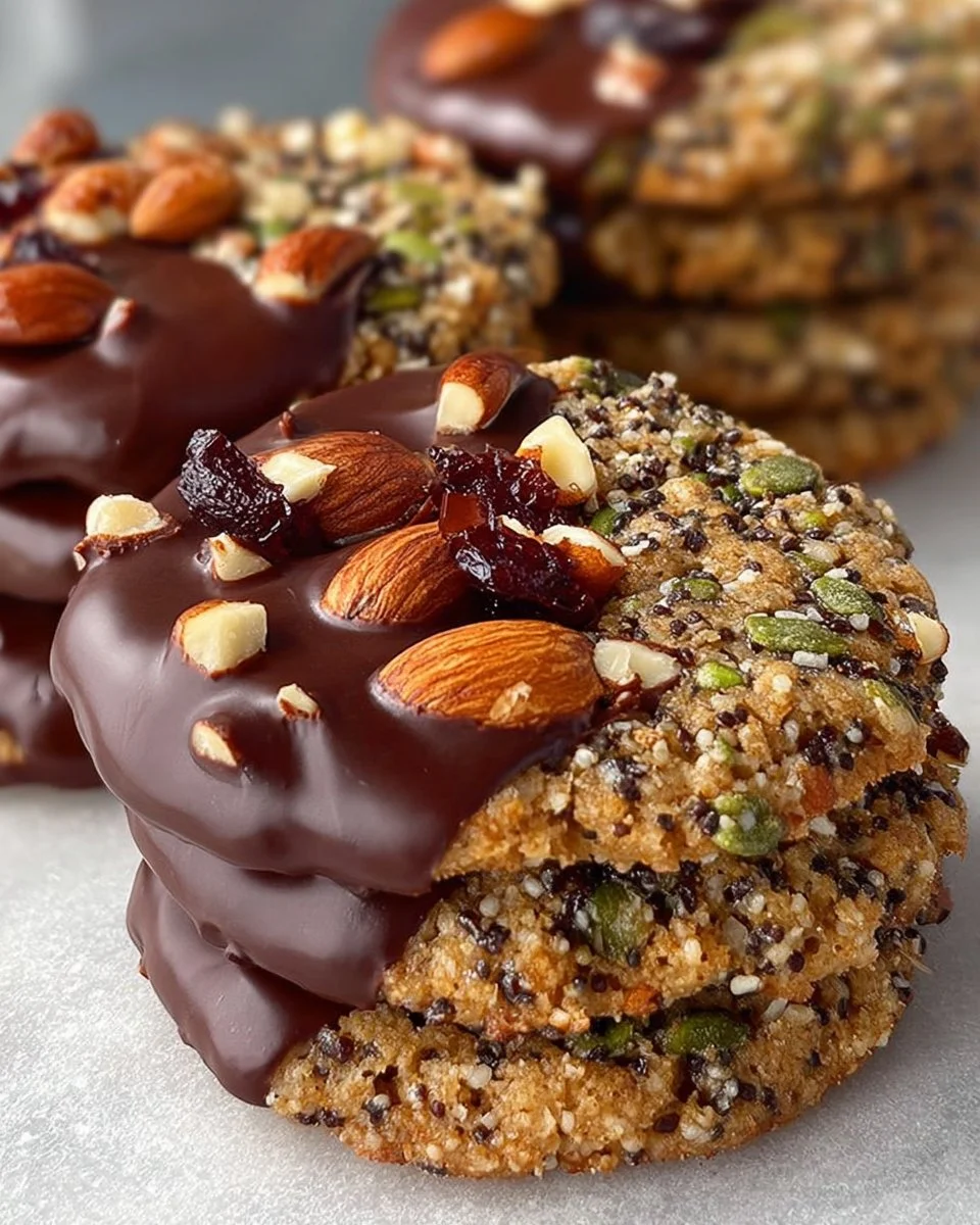 Chocolate dipped nut and seed cookies on a plate, ideal for healthy snacking.