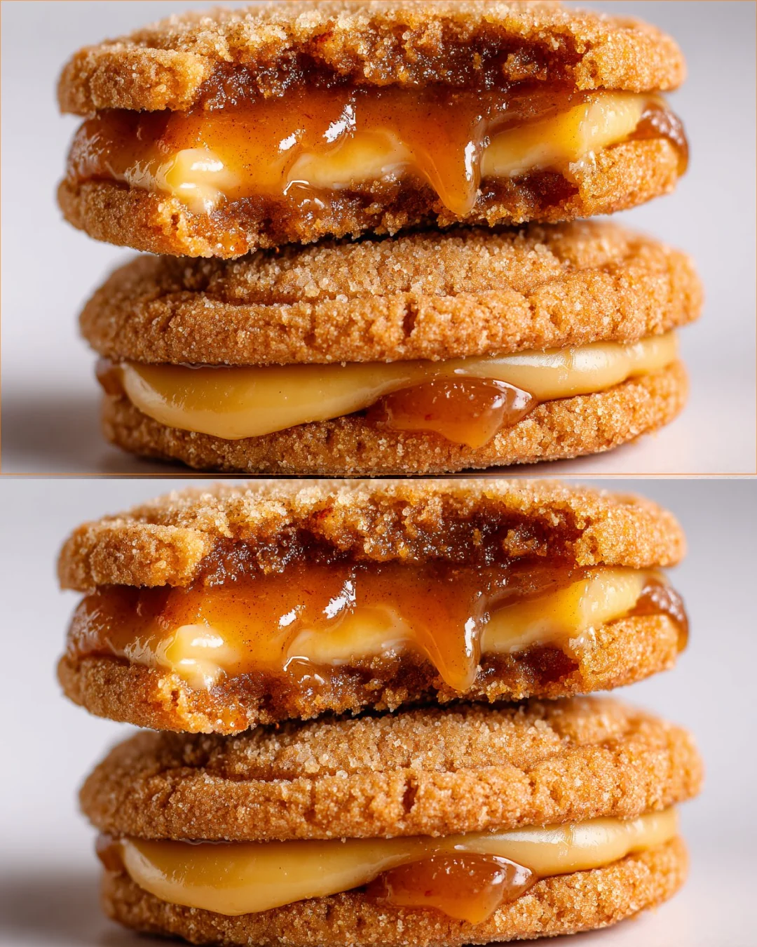 Cinnamon Apple Sandwich Cookies with cream filling on a wooden table
