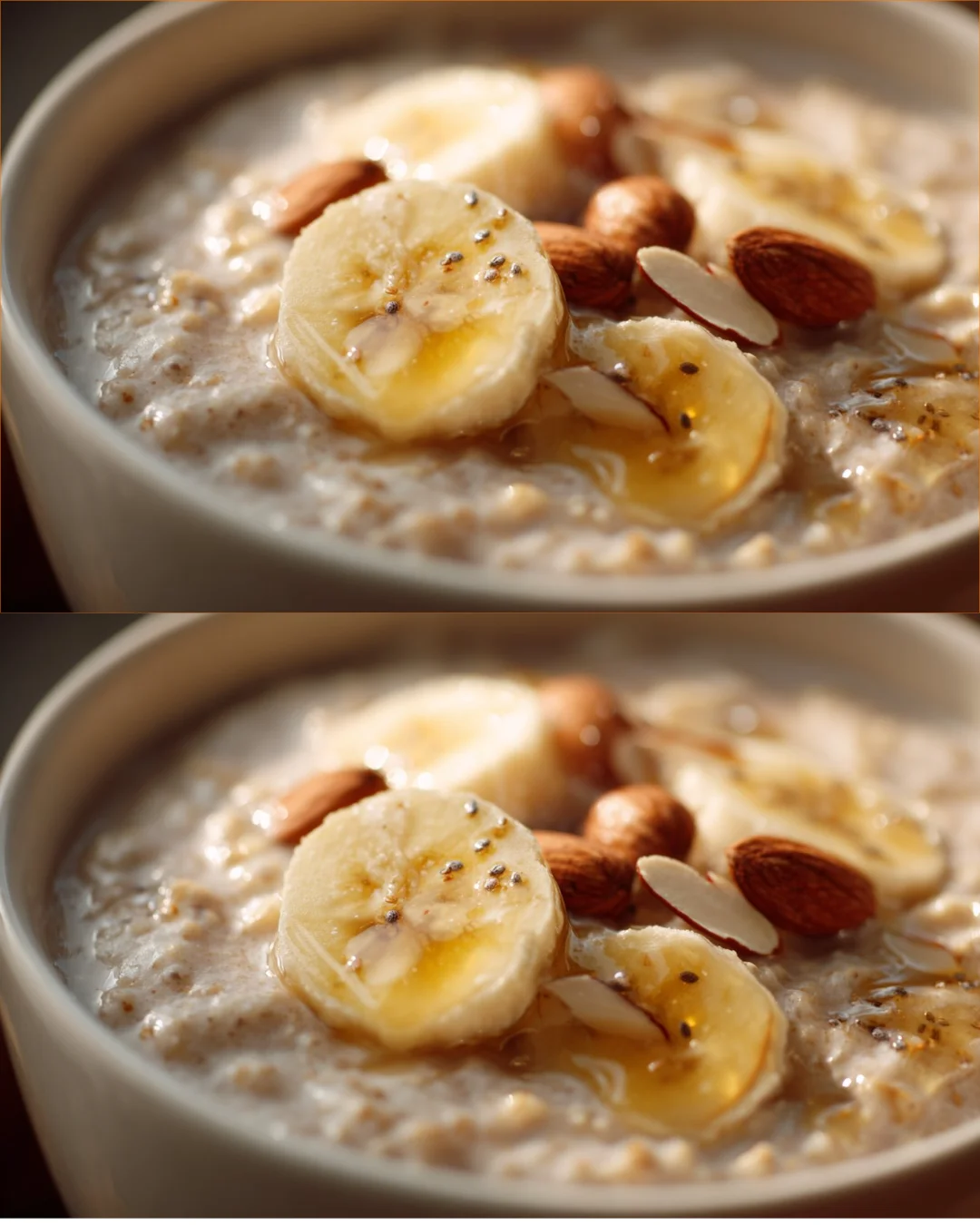 Delicious creamy almond milk oatmeal bowl topped with fruits and nuts