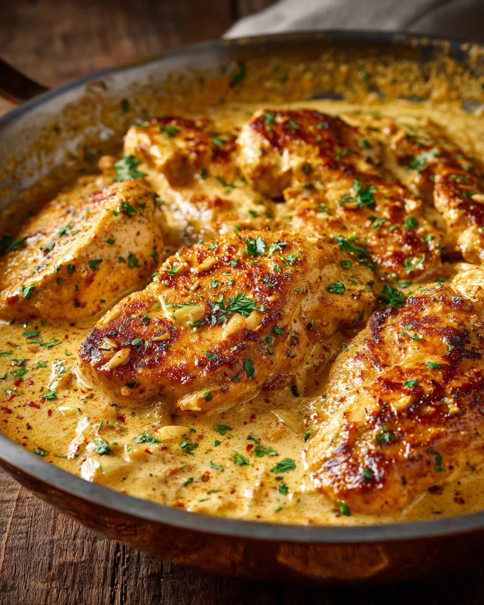 Delicious creamy garlic chicken skillet served with vegetables.