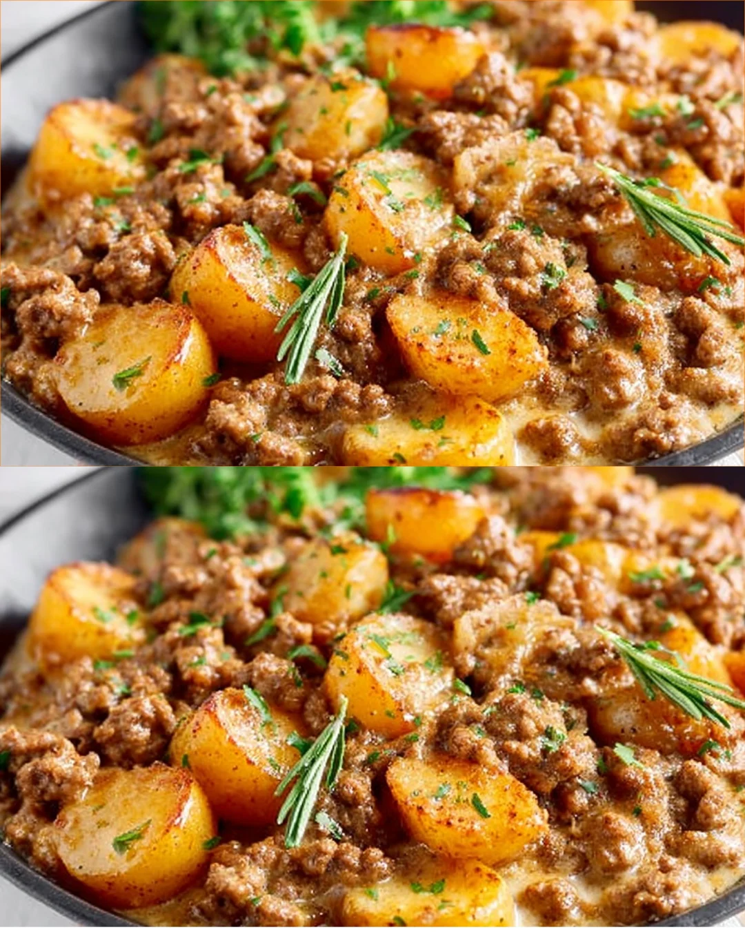 Creamy ground beef and potatoes skillet dish served in a frying pan