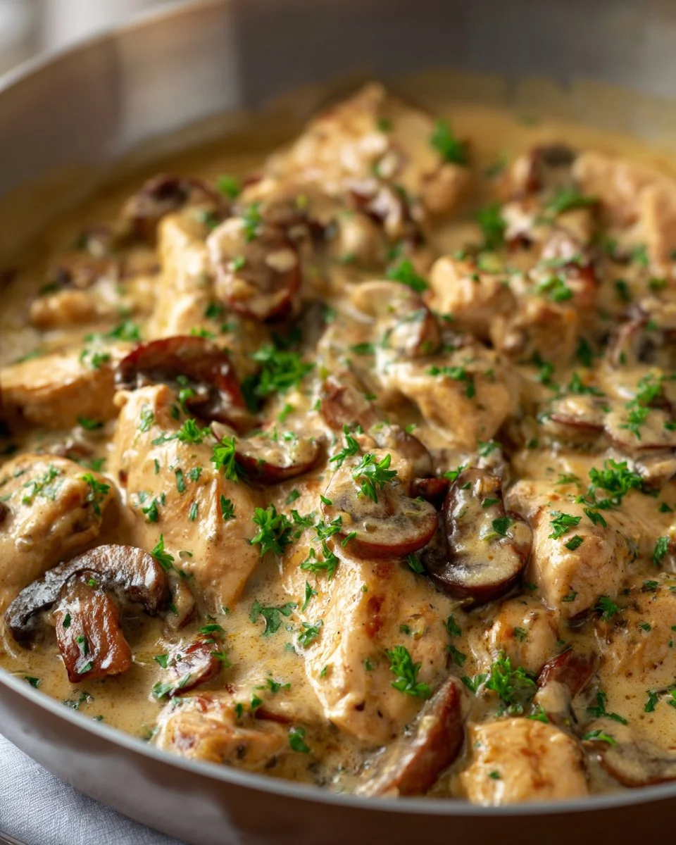 Creamy mushroom chicken dish with tender chicken and savory mushrooms