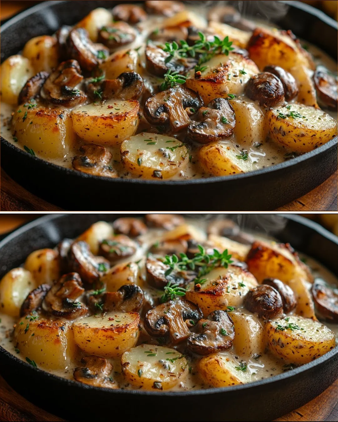 Creamy mushroom pan dish with potatoes and herbs served in a skillet