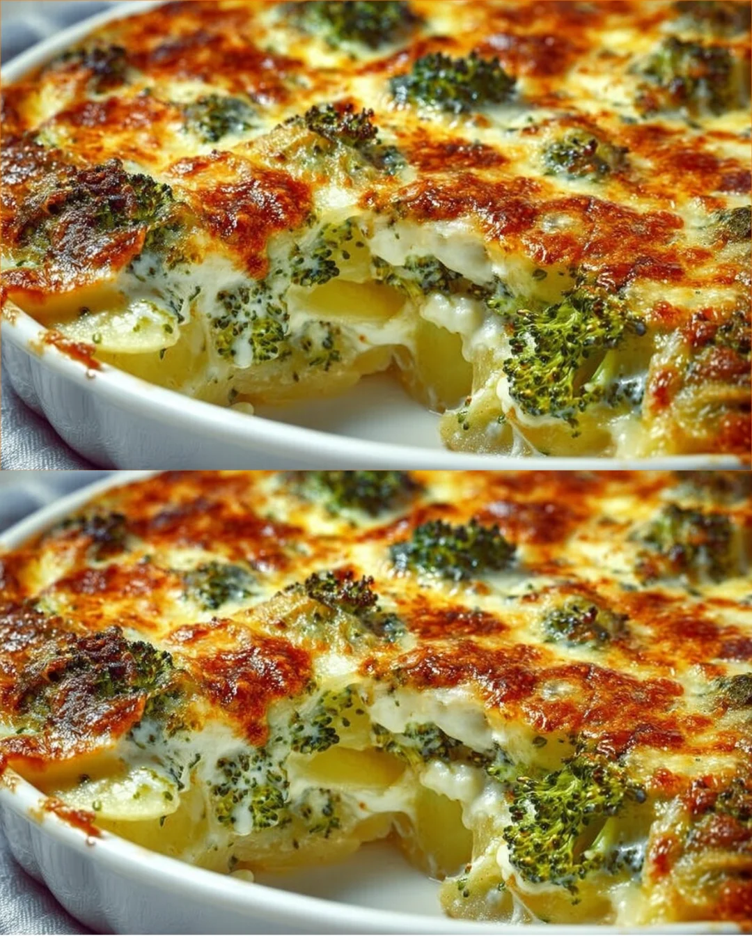 Creamy potato and broccoli gratin topped with golden cheese crust