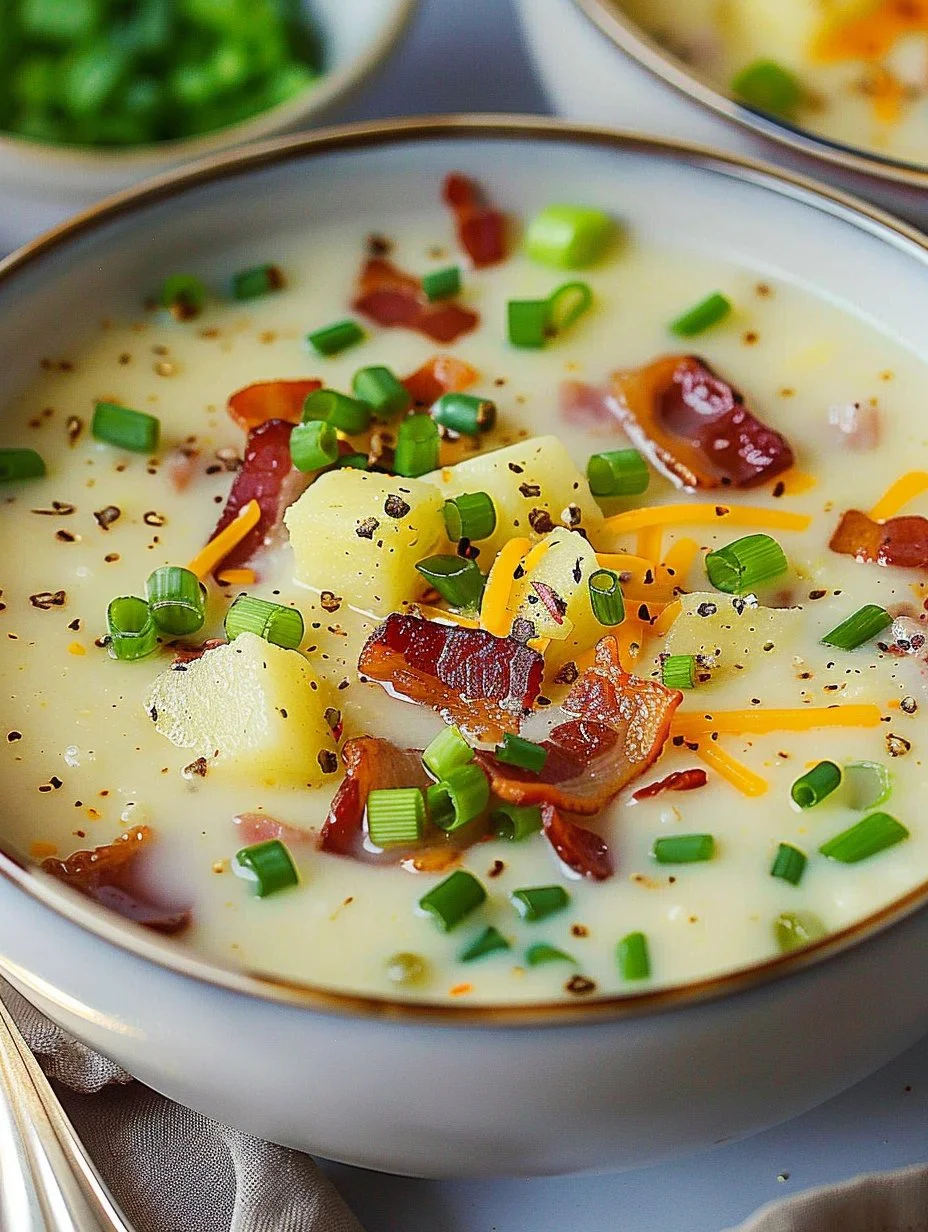 Creamy potato soup with crispy bacon - a comforting and delicious recipe.
