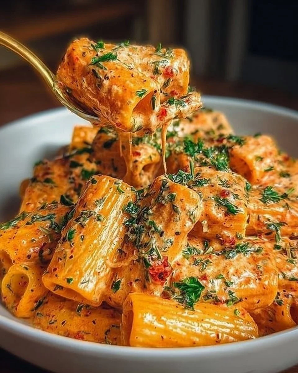Creamy tomato garlic pasta dish with fresh herbs and cheese
