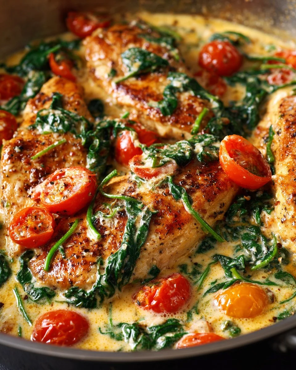 Creamy Tuscan chicken dish with vibrant spinach and tomato sauce